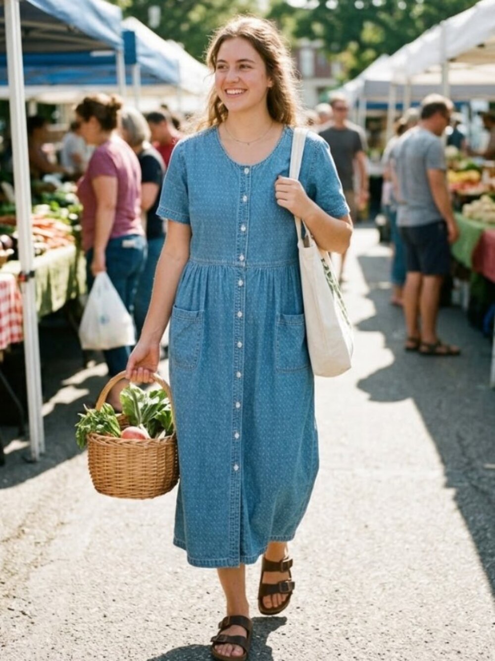 VTG 90s Erika Denim Maxi Dress L Polka Dot Tie Button Up Cottage Prairie Granny